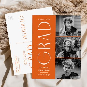 Modern Simplicity Orange 3 Photo Graduation Party Invitation Postcard