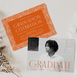 Modern Simplicity Orange Photo Graduation Party Invitation<br><div class="desc">Simple graduation party invites featuring the graduate's horizontal photo with "Graduate" displayed in orange, modern art deco lettering. Personalize the front of the photo graduation party invite by adding the graduate's name, school, and grad year. The invite reverses to display your party details with an orange and white geometric swirl...</div>