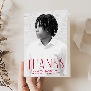 Modern Simplicity Red Photo Graduation Thank You Card