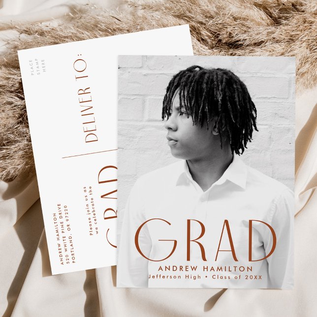 Modern Simplicity Rust Photo Graduation Party Invitation Postcard (Creator Uploaded)