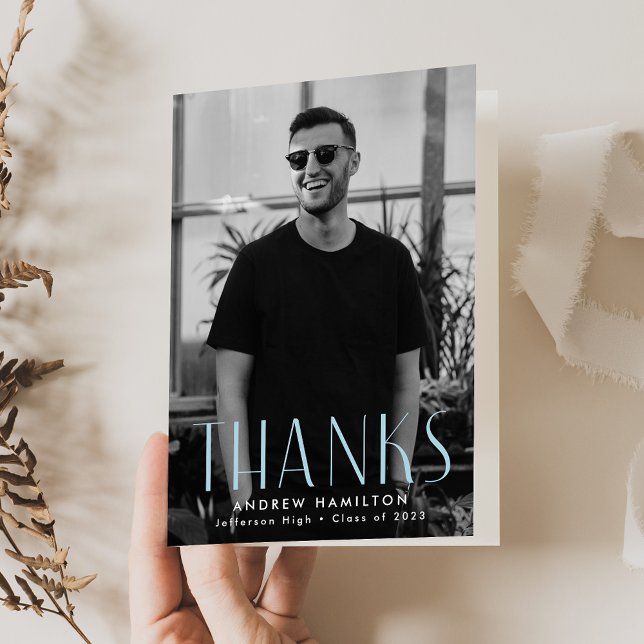Modern Simplicity Sky Blue Photo Graduation Thank You Card (Creator Uploaded)