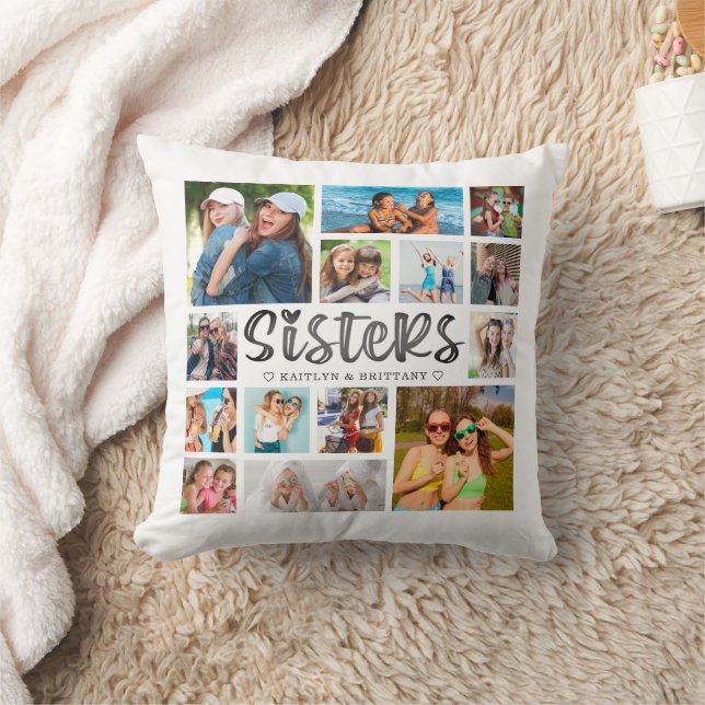 Modern SISTERS Photo Collage Photo on Back Throw Pillow (Blanket)
