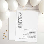 Modern Sixteen 16th Birthday Party Invitation<br><div class="desc">This minimalist typography 16th birthday party invitation is perfect for a modern birthday party. The simple design features classic minimalist black and white typography with a modern feel. Customisable in any colour. Keep the design minimal and elegant, as is, or personalise it by adding your own graphics and artwork. For...</div>