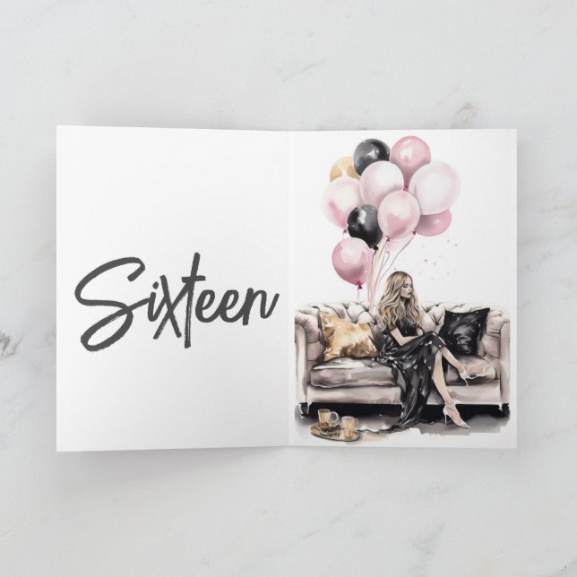 Modern sixteen, sweet 16, pink, birthday party invitation (Inside)