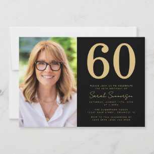 Modern Sixtieth Black Gold Photo 60th Birthday Invitation