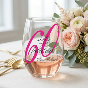 Modern Sixty and Fabulous Pink 60th Birthday Party Stemless Wine Glass