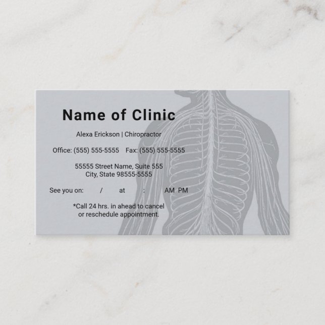Modern Skeleton Back Chiropractor Appointment Card (Front)