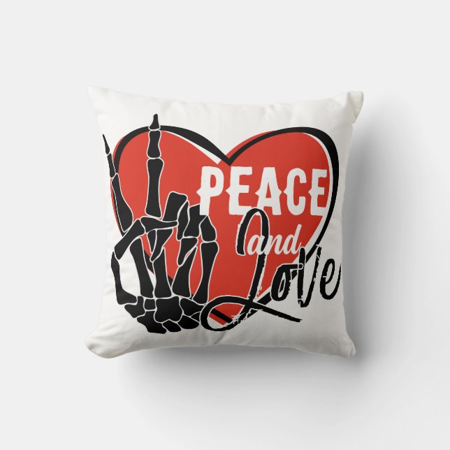 Modern Skeleton Hand Peace and Love  Throw Pillow (Front)