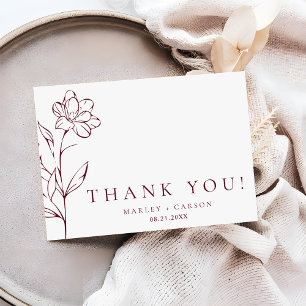 Modern Sketched Floral Burgundy Stylish Wedding Thank You Card