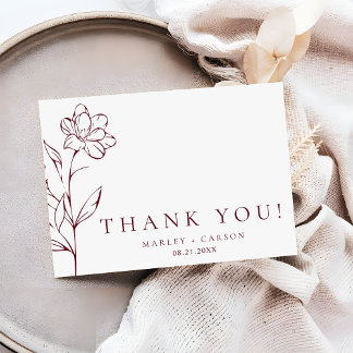 Modern Sketched Floral Burgundy Stylish Wedding Thank You Card