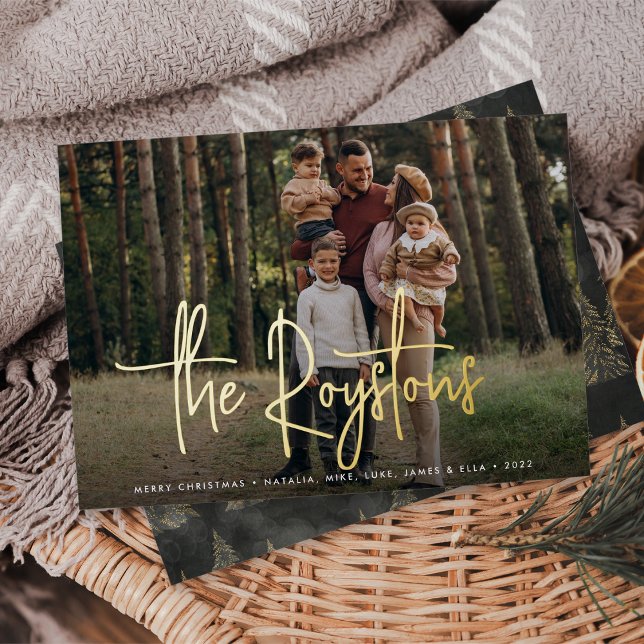 Modern Sketched Signature | Horizontal Photo Foil Holiday Card (Creator Uploaded)