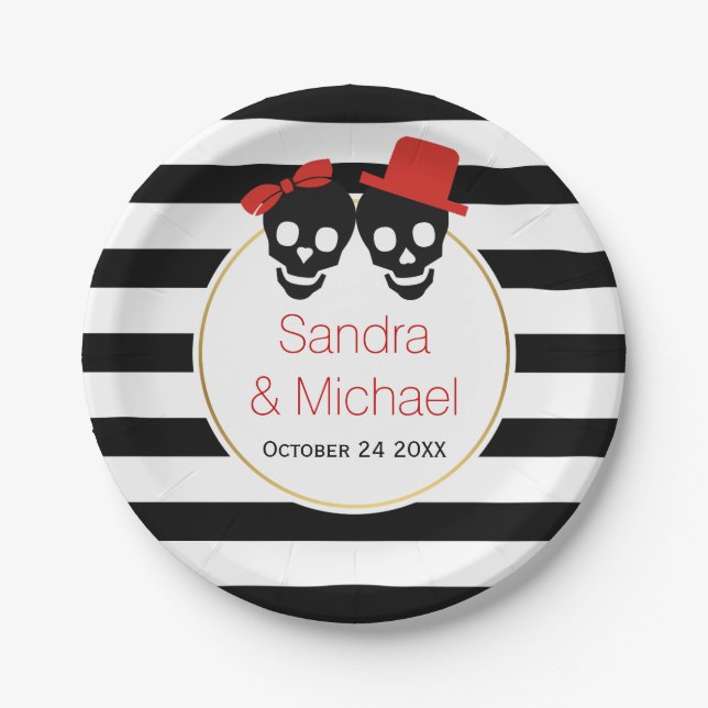 Modern skulls and stripes red Halloween wedding Paper Plate (Front)