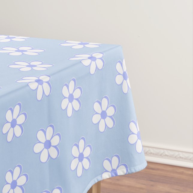 Modern Sky Blue and White Flowers on Light Blue Tablecloth (In Situ)