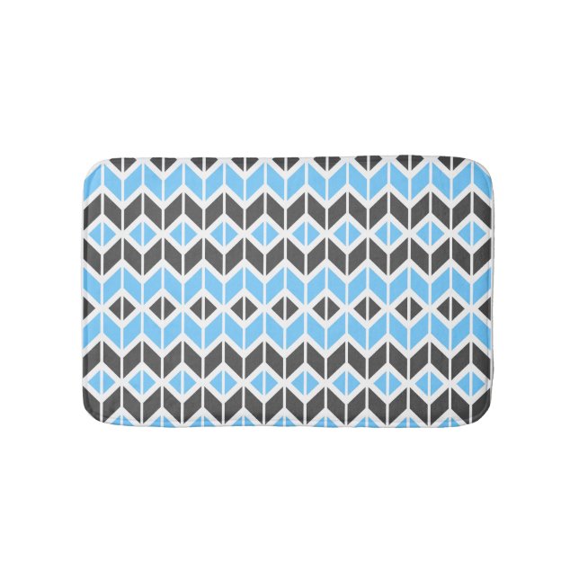 Modern Sky Blue Dark Grey Geometric Herringbone Bath Mat (Front)