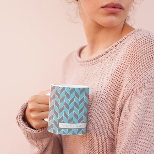 Modern Sky Blue Grey Herringbone Chevron Pattern Coffee Mug (Creator Uploaded)