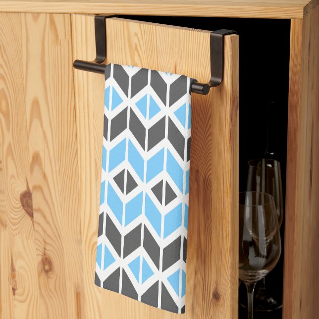 Modern Sky Blue Grey Herringbone Geometric Pattern Kitchen Towel (Thirds Fold)