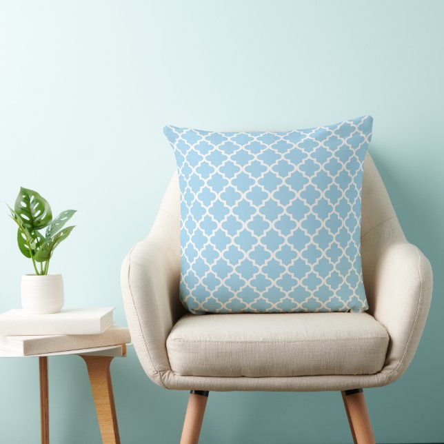 Modern Sky Blue Moroccan Quatrefoil Pattern Throw Pillow (Chair)