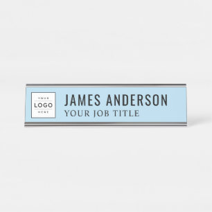 Modern Sky Blue Personalized Business Logo Desk Name Plate
