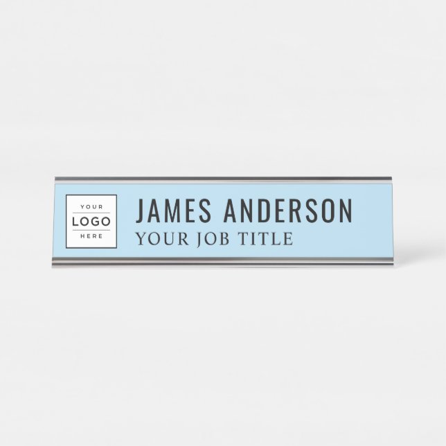 Modern Sky Blue Personalized Business Logo Desk Name Plate (Front)