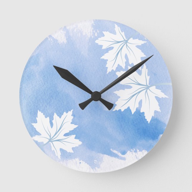 Modern sky blue watercolor maple leaves round clock (Front)