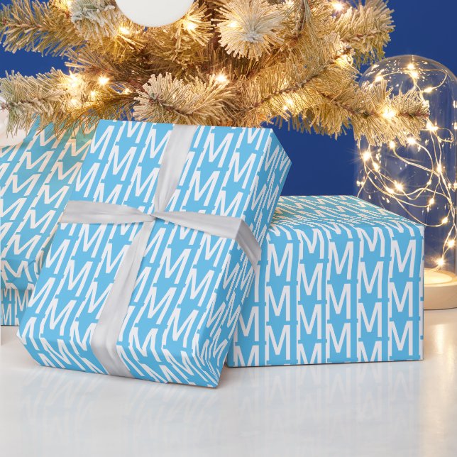 Modern sky blue white custom monogram initial wrapping paper (Holidays)