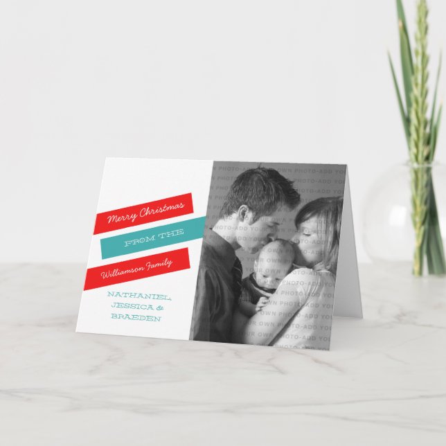 Modern Slant Photo Greeting Card (Red/Aqua) (Front)