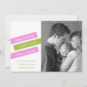 Modern Slant Photo Holiday Card (Pink/Green)
