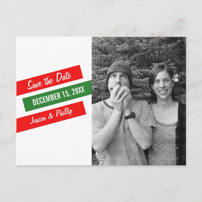Modern Slant Save the Date Postcard (Red/Green) (Front)