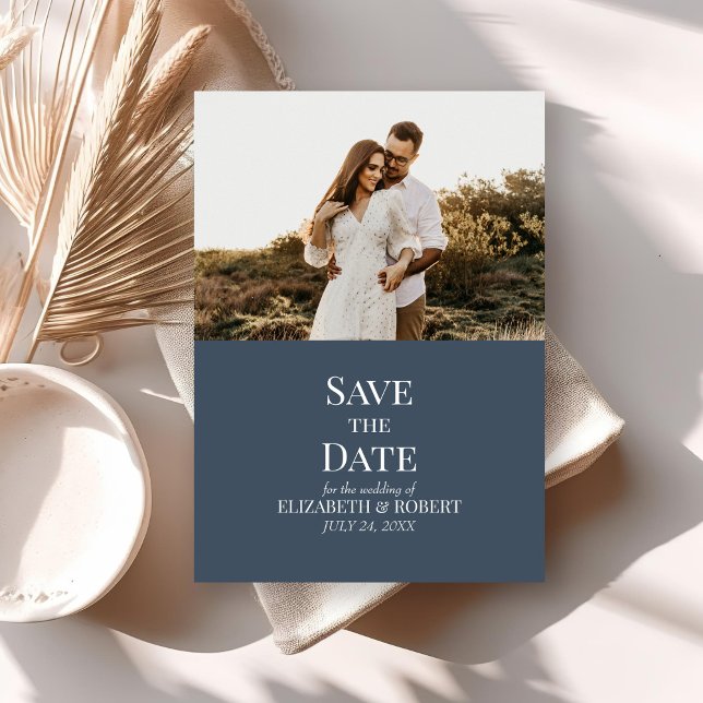 Modern Slate Blue Custom Photo Save the Date Card (Modern Slate Blue Custom Photo Save the Date Card on neutral boho wedding table.)