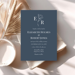 Modern Slate Blue Floral Monogram Wedding Invitation