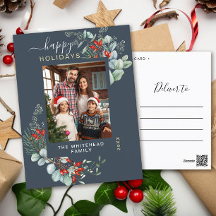 Modern Slate Blue Greenery Christmas Photo Holiday Postcard