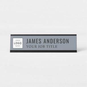 Modern Slate Blue Grey Personalized Business Logo Desk Name Plate