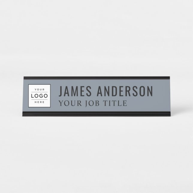 Modern Slate Blue Grey Personalized Business Logo Desk Name Plate (Front)