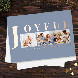Modern Slate Blue Joyful Multi Photo Christmas Foil Holiday Card