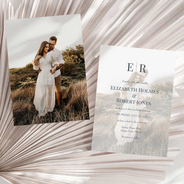 Modern Slate Blue Monogram Custom Photo Wedding  Invitation (Modern Slate Blue Monogram Custom Photo Wedding Invitation on a sunny white dry palm leaf.)