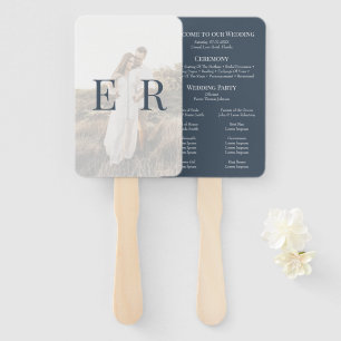Modern Slate Blue Monogram Photo Wedding Program Hand Fan