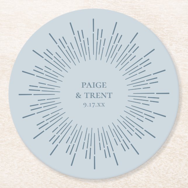 Modern Slate Blue Sunburst Wedding Round Paper Coaster (Front)