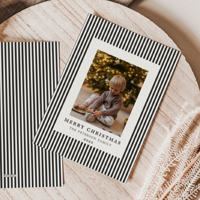 Modern Slate Grey Pinstripe Christmas Family Photo Holiday Card (Creator Uploaded)