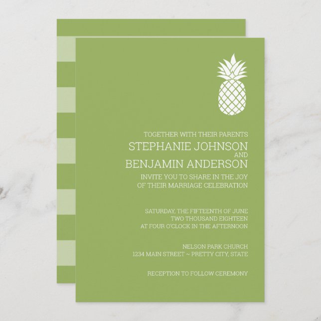 Modern Slate Stripes Pineapple Wedding green Invitation (Front/Back)