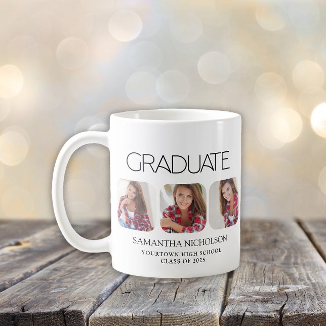 Modern Sleek 3-Photo Graduation Coffee Mug (Graduation 3-photo mug)
