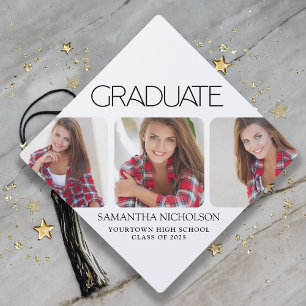 Modern Sleek 3-Photo Graduation Graduation Cap Topper