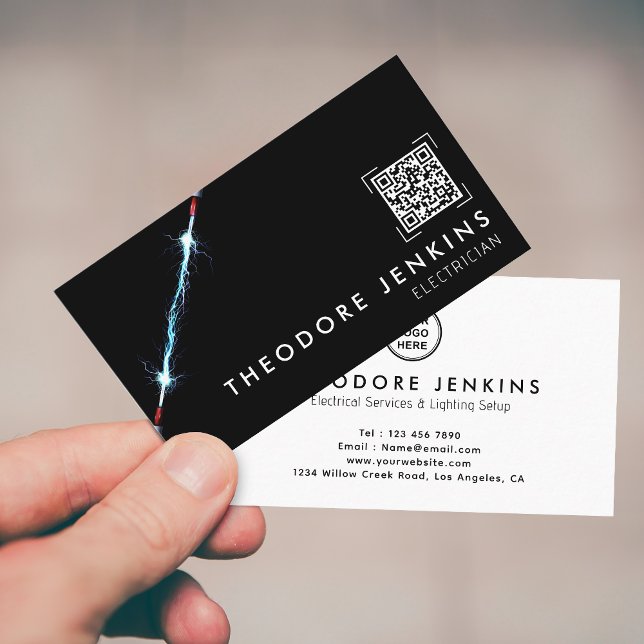 Modern Sleek Black Electrician QR Code Logo Business Card (Creator Uploaded)