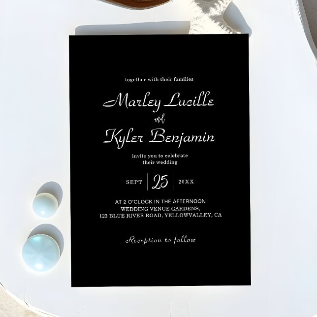 Modern Sleek Black Romantic Script Names Wedding Invitation (Creator Uploaded)