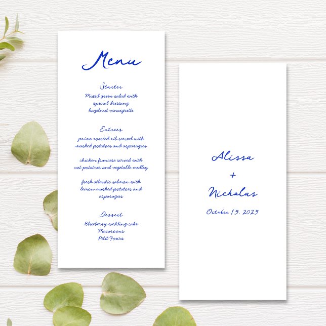 Modern Sleek Bright Blue Handwriting Font Wedding Menu (Creator Uploaded)