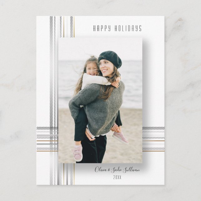 Modern Sleek Gold and Silver Drop Shadow Photo Holiday Postcard (Front)
