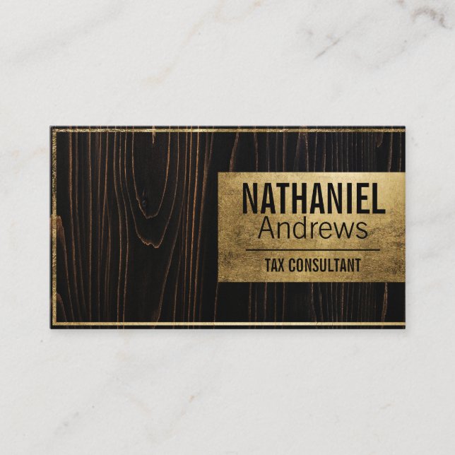 Modern Sleek Gold Border Dark Wood Business Card (Front)