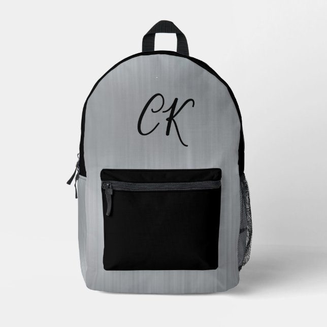 Modern Sleek Grey Silver Personalized Initials Printed Backpack (Front)
