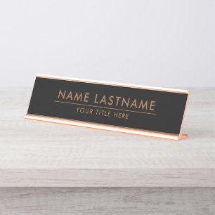 Modern Sleek Minimalist Black Copper Name Title Desk Name Plate