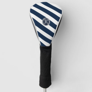 Modern Sleek Nautical Navy Blue and White Striped  Golf Head Cover