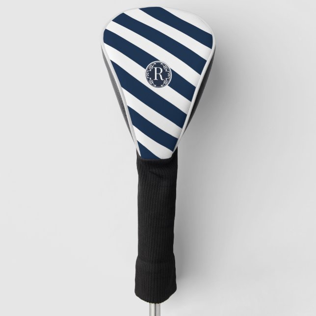 Modern Sleek Nautical Navy Blue and White Striped  Golf Head Cover (Front)